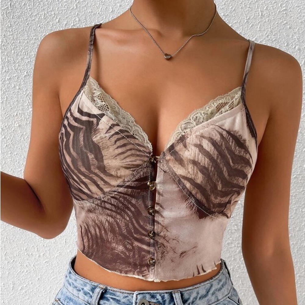 Princess Polly Tan Brown Zebra Stripe Contrast Lace Crop Mesh Cami Top EUC XXL
